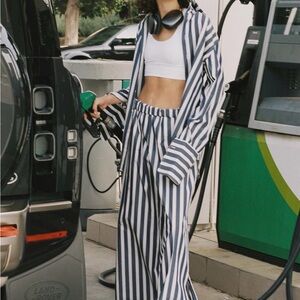 WOERA Baby Blue Pinstripe Poplin Wide Leg Slit Palazzo Pants